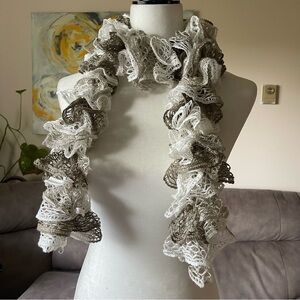 Tan & Gray Ruffled Knit Scarf